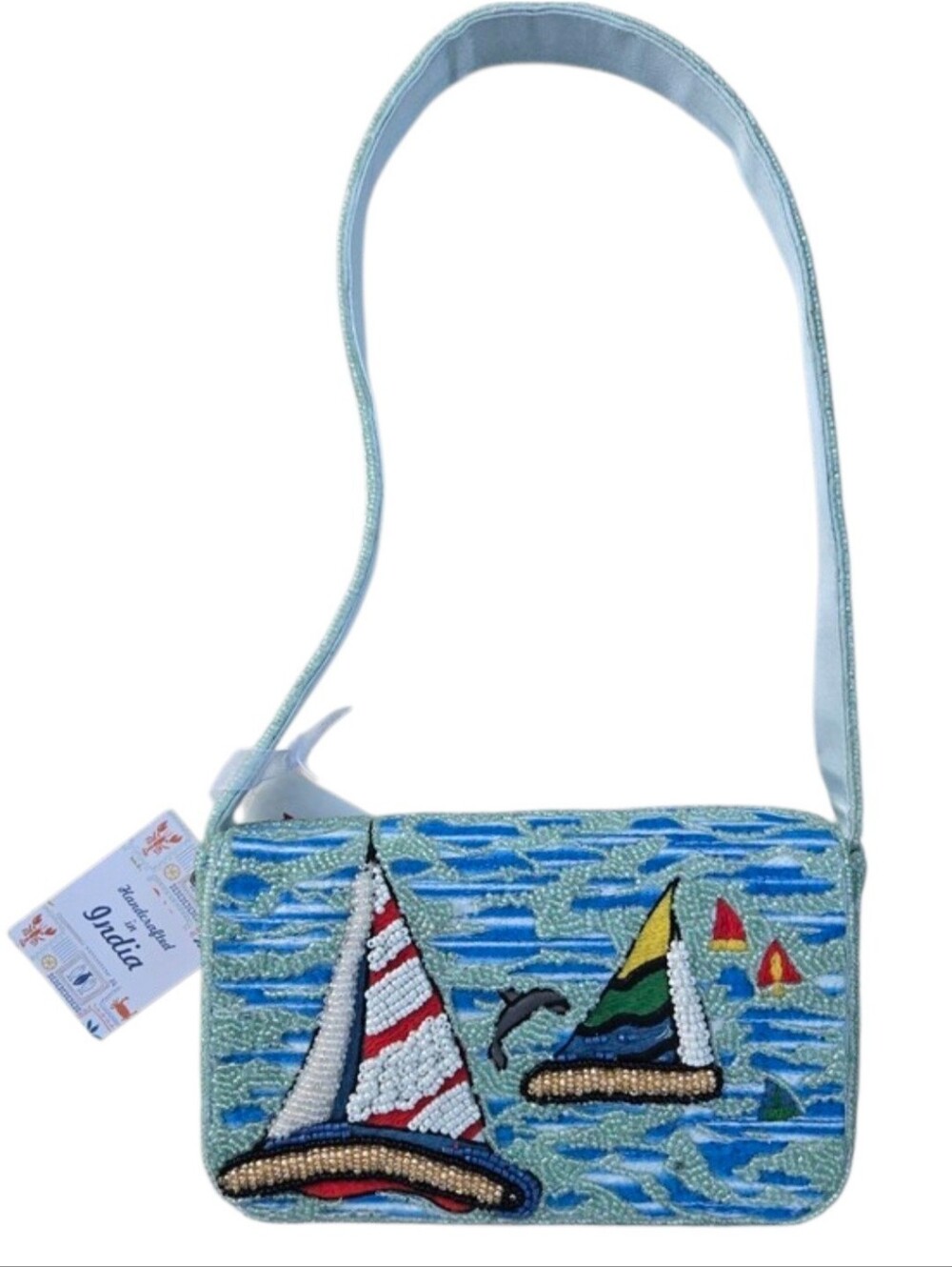 ⛵️ Viral Beaded Summer Purse- Light Blue Striped Sailboat Shoulder Bag